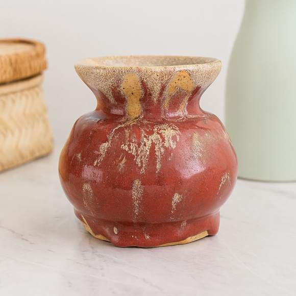 Studio Art Pottery Drip Glaze Ceramic Vase Unique Artisan 4” Handmade signed - Picture 1 of 11